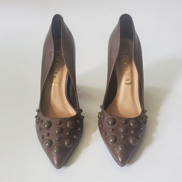 Vicenza Heels Brown Genuine Leather Block Heel Studded Point Toe Designer - Picture 2 of 12